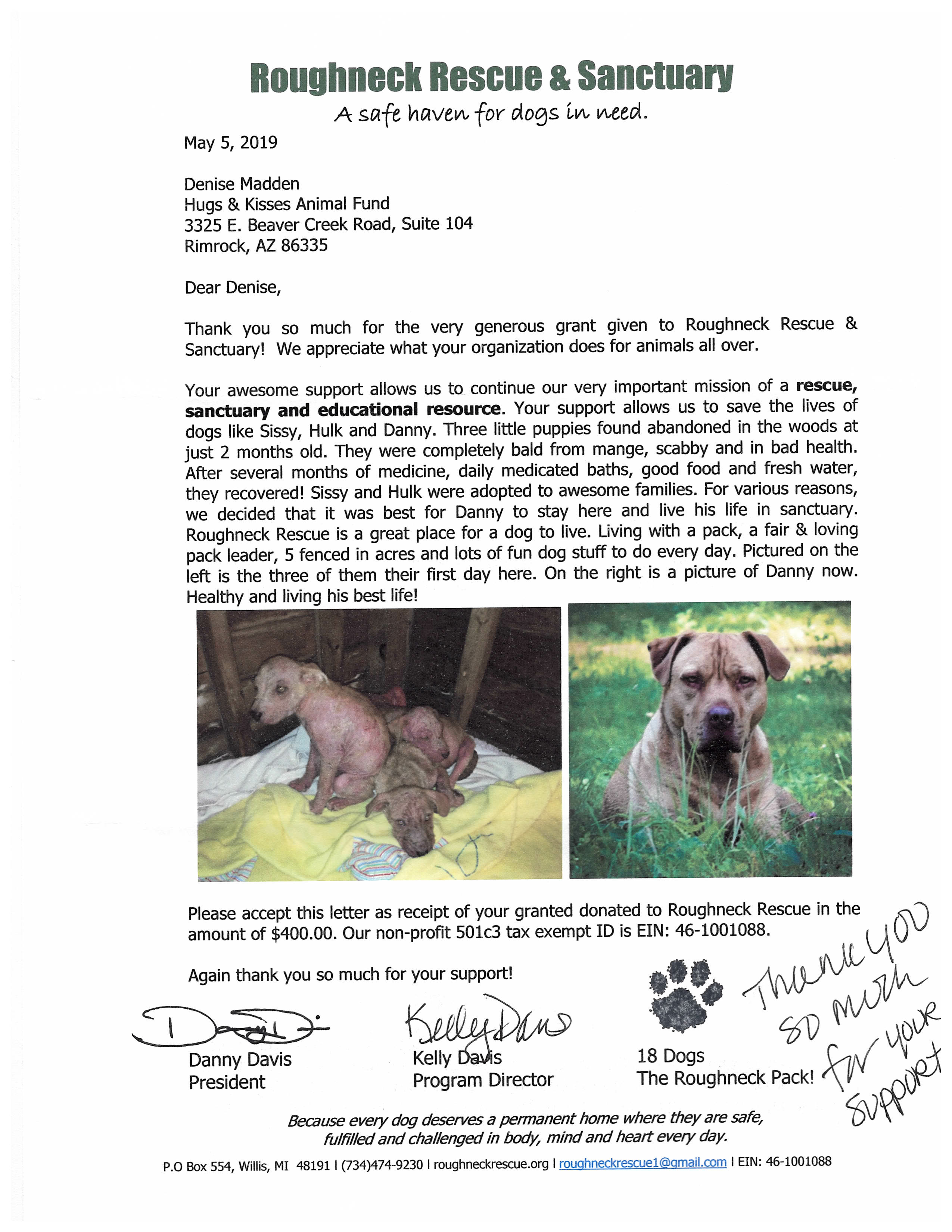 Thank you letter from Roughneck Rescue & Sanctuary