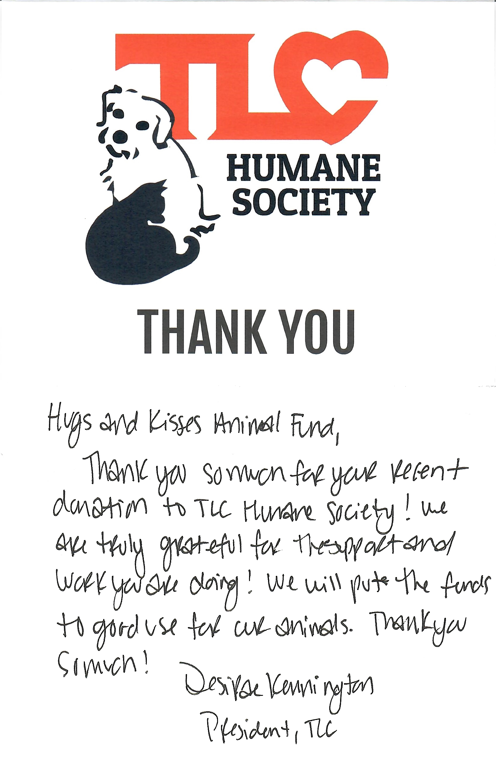 Thank you letter from TLC Humane Society